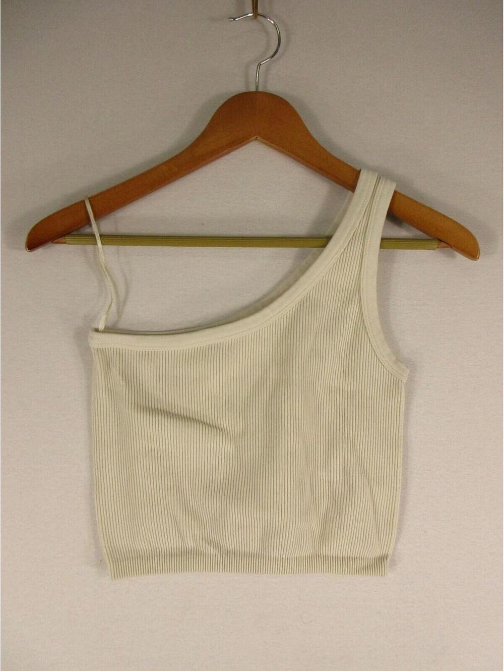 Zara Top Womens L One Shoulder Ribbed Cropped Tank Knit Asymmetric Beige Cream